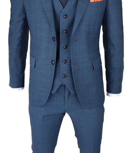Mens 3 Piece Blue Suit Prince Of Wales Check Classic Light Tailored Fit Modern