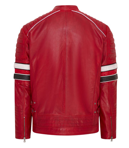 Mens Quilted Biker Leather Jacket Racing Jacket - Red
