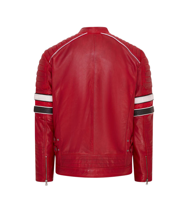 Mens Quilted Biker Leather Jacket Racing Jacket - Red