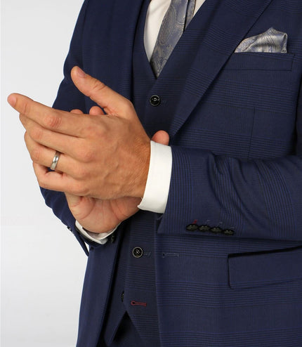 Men's Navy Checked 3 Piece Suit Tailored Fit Suit Formal Wedding