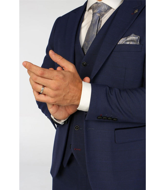 Men's Navy Checked 3 Piece Suit Tailored Fit Suit Formal Wedding