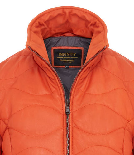 Womens Puffer Warm Quilted Leather Bomber Jacket - Orange