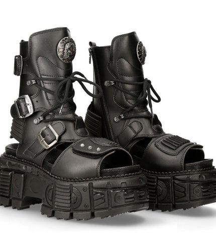 New Rock Unisex Black Vegan Leather Sandal Boots- Bios107-V1