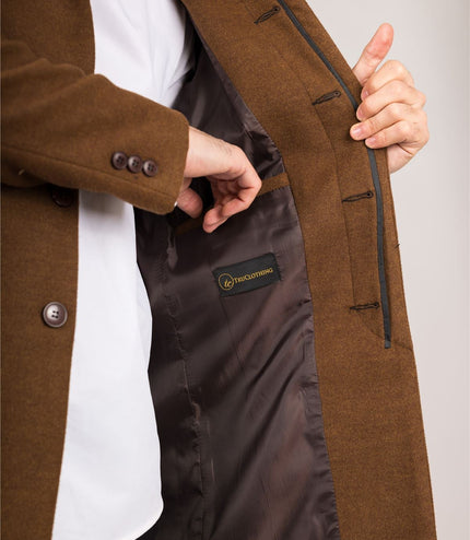 Men's Brown Stand Collar Wool Blend Overcoat
