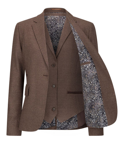 Women's Brown Three-Piece Tailored Fit Suit in Prince of Wales Check