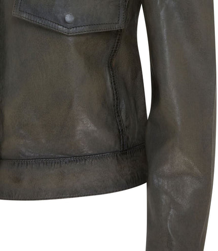 Womens Vintage Classic Lamb Leather Collared Biker Jacket - Olive