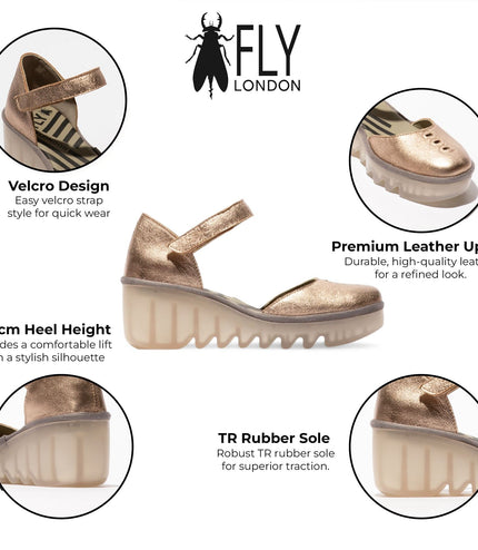 Fly London Women's Sahara Gold Biso305Fly Laminato Leather Wedge Sandals