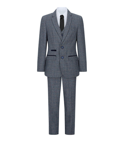 Boys 3 Piece Blue Tweed Check Vintage Retro Suit