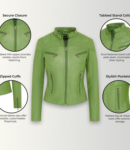 Womens Slim-Fit Leather Biker Jacket-Maldon - Apple
