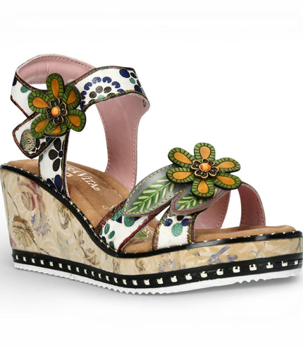 Laura Vita Women's Ballon 08 Beige Floral Leather Wedge Espadrille Sandals