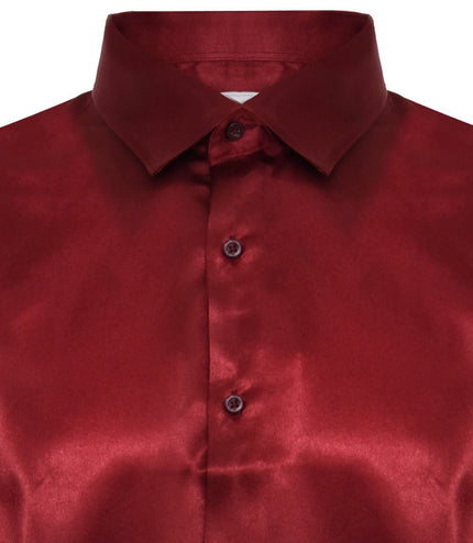 Mens Wine Satin Silk Shirt Smart Casual Button Down Cuff Tailored Fit