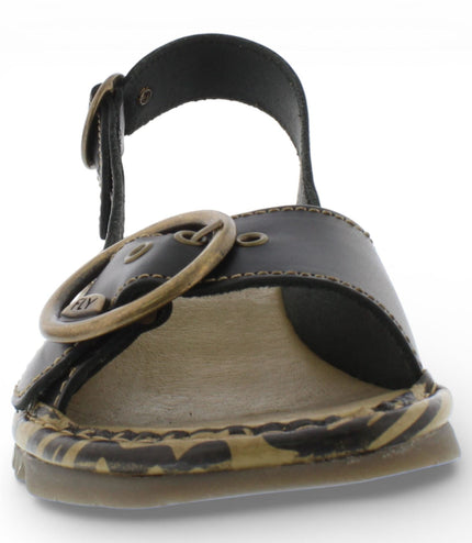 Fly London Women's TRAM723FLY Black Leather Wedge Sandals