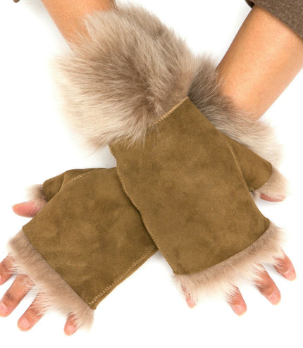 Womens Shearling  Mittens Fingerless Cuffs Toscana Suede Sheepskin Fur - Beaver