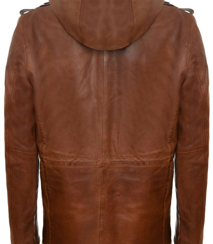 Mens Leather Hooded Trench Coat-Medellin - Tan