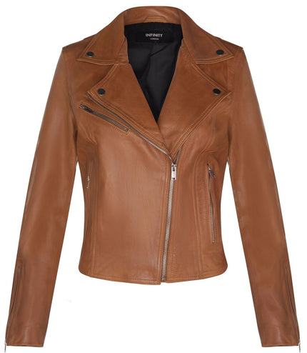 Womens Leather Classic Biker Brando Jacket-Baku - Tan