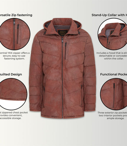 Men's Tan Brown Leather Quilted Jacket Hooded Puffer Winter Coat - Olyic