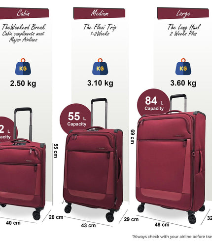 Bourne Set of 3 Soft Shell Suitcase in Burgundy