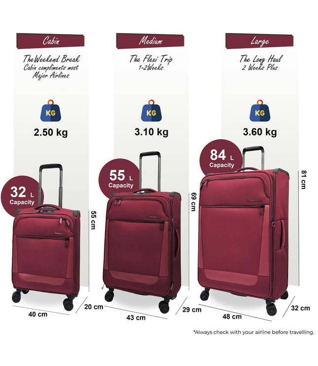 Bourne Set of 3 Soft Shell Suitcase in Burgundy
