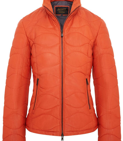 Womens Puffer Warm Quilted Leather Bomber Jacket - Orange