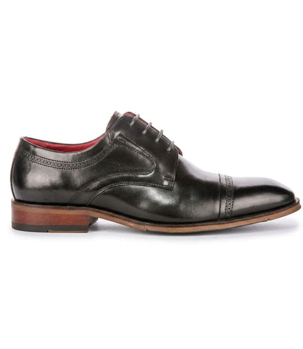 Justin Reess Men's Polished Black Leather Cap Toe Derby Shoes - Everett