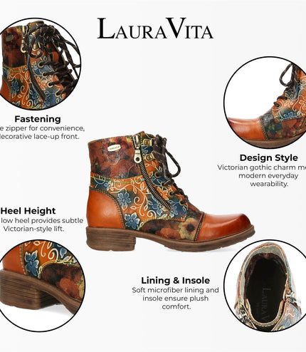 Laura Vita Anita 006 Camel Brown Floral Womens Gothic Victorian Leather Ankle Boots