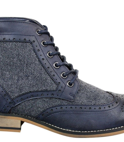 Mens Classic Tweed Oxford Ankle Boots In Navy Leather