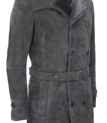 Mens Shearling Sheepskin Suede Pea Coat-Cali - Grey