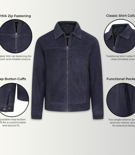 Mens Navy Goat Suede Leather Harrington Biker Jacket - Berlin