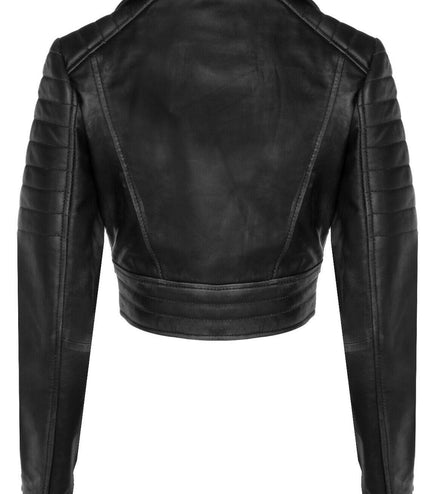 Womens Cropped Brando Leather Biker Jacket-Damascus - Black