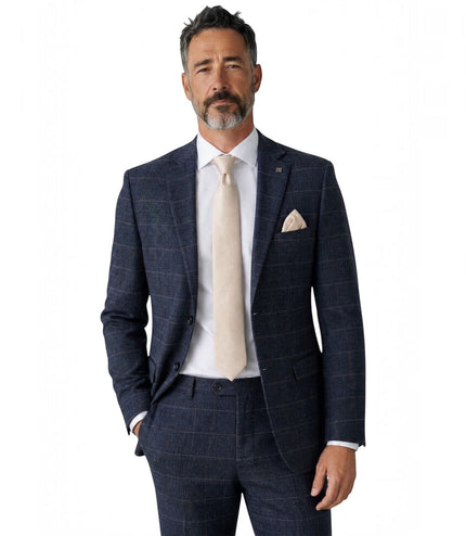 Men's Navy Tweed Herringbone Formal Check Blazer - Harris