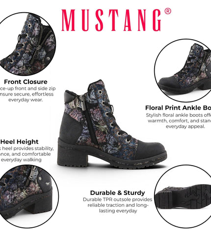 Mustang Women's Black Floral Lace-Up Winter Ankle Boots - M0092001