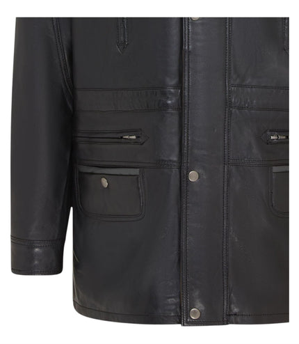 Mens Soft Italian Leather Parka Coat-Winnipeg - Black
