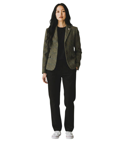 Women's Olive Tailored Check Tweed Blazer Formal Jacket - TPSTZ-7