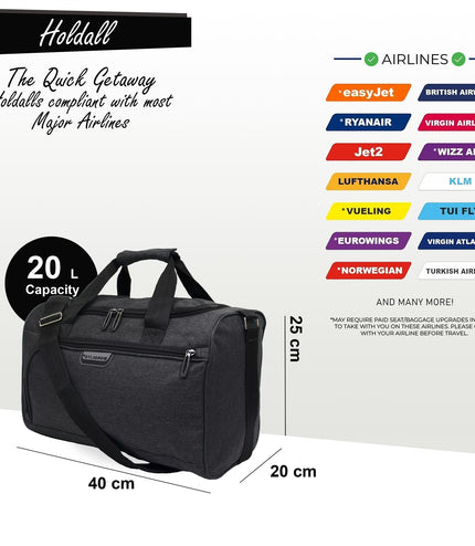 Holdall Carry On 40x 20 x25cm Under-seat Travel Cabin Bag for Ryanair, Easy Jet Black