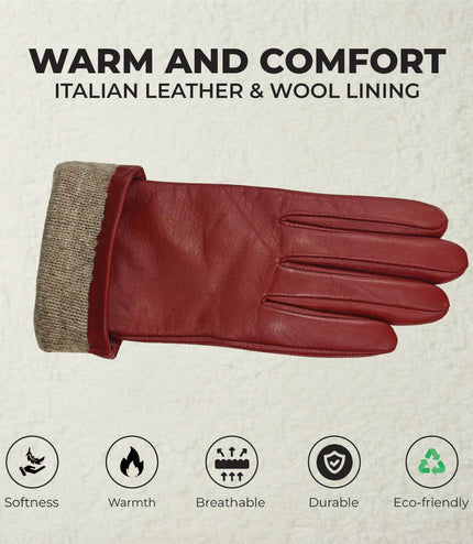 Womens Burgundy Red Italian Leather Winter Bow Design Soft Wool Lining Gloves - L-GLV-401