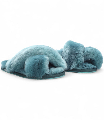 Women's Sheepskin Slippers Teal Warm Winter Fur Crossover - Snowbelle