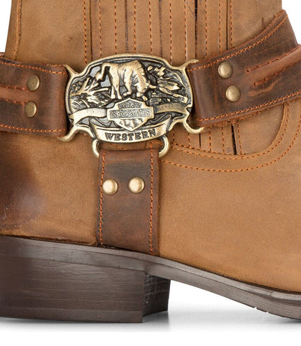Mens Leather Cowboy Ankle Boots Brown Tan Biker Western Square Toe Hunting Boot