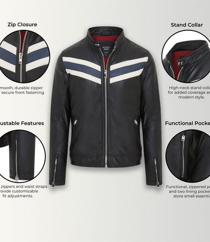 Men's Black Striped CafÃ© Racer Biker Leather Motorcycle Jacket - Black/Blue