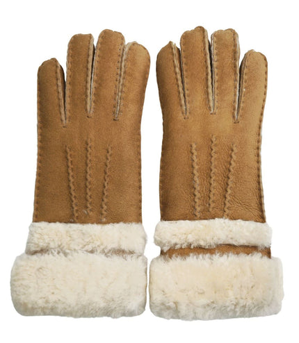 Infinity Leather Womens Tan Sheepskin Suede Gloves with Roll Up/Down Cuff