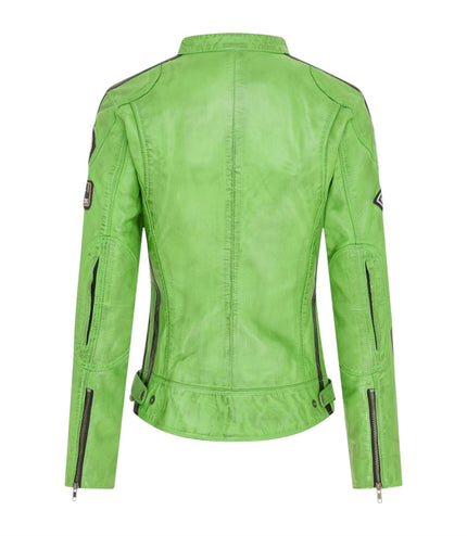Womens Biker Racing Badges Green Leather Jacket-Eastleigh
