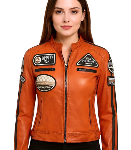 Womens Biker Racing Badges Leather Jacket-Eastleigh - Black