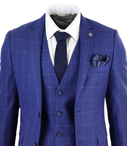 Mens 3 Piece Royal Blue Check Vintage Retro Suit