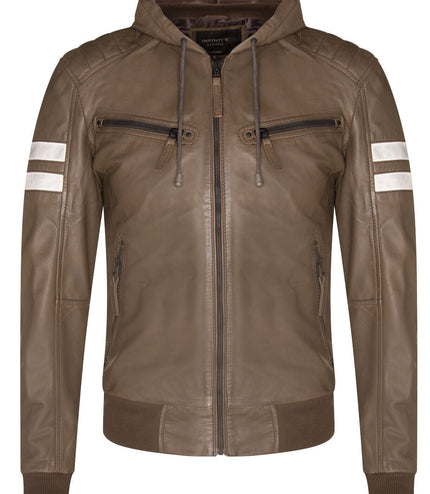 Mens Leather Hooded Retro Bomber Jacket - Skopje - Brown