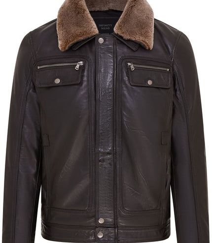 Mens Leather Jacket Trucker Removable Sheepskin Collar Casual Jacket - Black