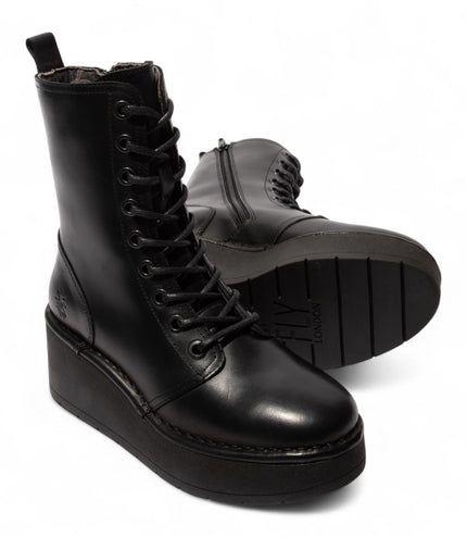 Fly London Womens Black Hait273 Leather Lace-Up Chunky Platform Ankle Boots