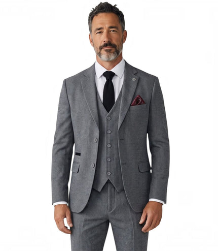 Men's Grey 3 Piece Tweed Herringbone Formal Suit -  IM4