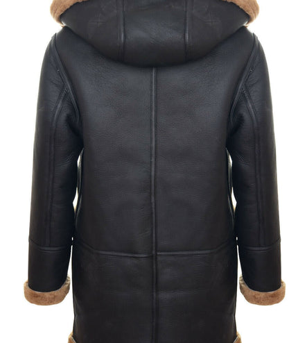 Mens Winter Sheepskin Hooded Duffle Coat-Helsinki - Brown Ginger