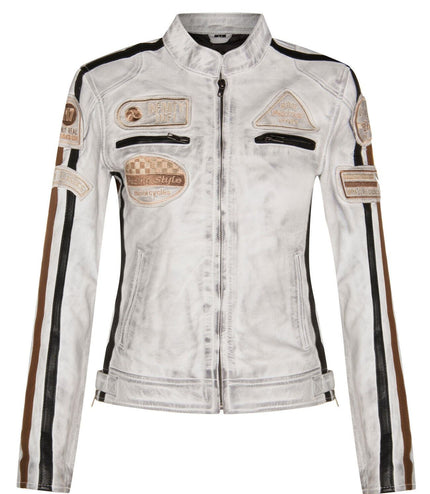 Womens Biker Racing Badges Leather Jacket-Eastleigh - Tan