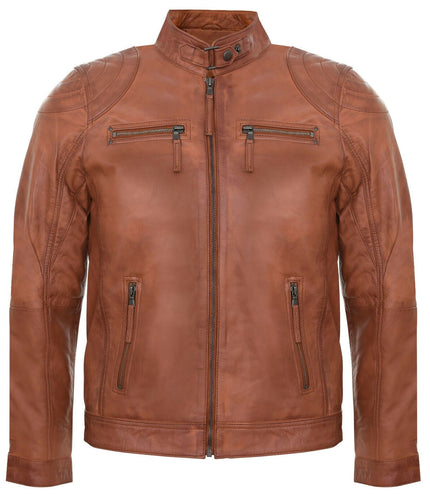Mens Moto Leather Biker Jacket-Taiwan - Tan
