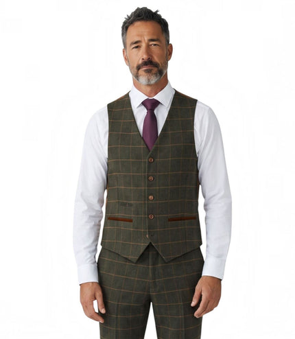 Men's Green Tweed Herringbone Check Waistcoat - Harris